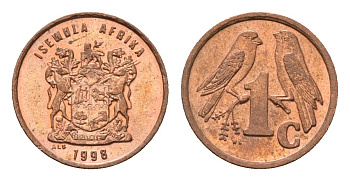 ЮАР 1 цент 1998 герб, капские воробьи KM 170 сталь плакированная медью UNC 4694-232