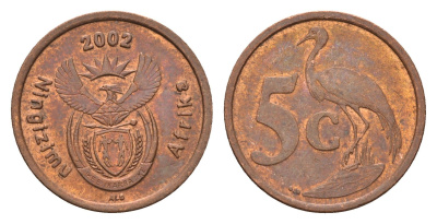 ЮАР 5 центов 2002 герб, райский журавль, год-тип KM 268 сталь плакированная медью 4687-242