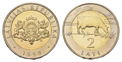 Латвия 2 лата 1999 корова KM 38 биметалл UNC 4652-821