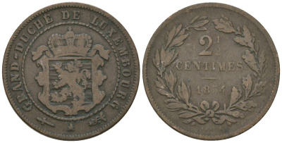 Люксембург 2 1/2 сантима 1854 KM 21 бронза 4602-638