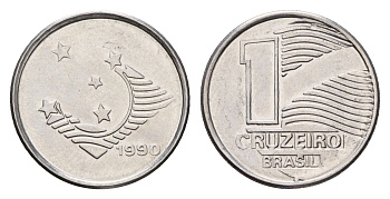 Бразилия 1 крузейро 1990 год-тип KM 617 нержавеющая сталь UNC 4687-1021