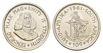 ЮАР 10 центов 1961 Ян ван Рибек KM 60 серебро UNC 76-755