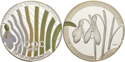 Армения 1000 драм 2010 серия флора - подснежник Артющенко (Galanthus artjuschenkoae), коробка, сертификат, эмаль KM 202 серебро PROOF 00-00