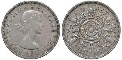 Великобритания 2 шиллинга (флорин) 1961 Елизавета II (1952-2022) KM 906, Spink 4146 медно-никель 4131-542