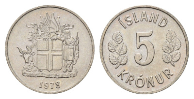Исландия 5 крон 1978 KM 18 медно-никель UNC 4687-913