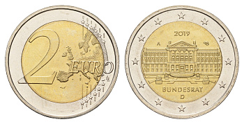 Германия 2 евро 2019 A, 70 лет Бундесрату KM 377 биметалл UNC 72-1725