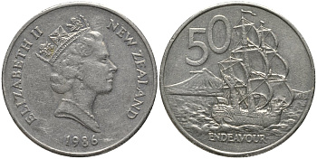 Новая Зеландия 50 центов 1986 Елизавета II (1952-2022), парусник Индевор KM 63 медно-никель 00-00