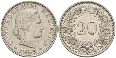 ШВЕЙЦАРИЯ 20 РАППЕНОВ 1958 В KM 29a медно-никель 55-746