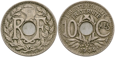 Франция 10 сантимов 1934 KM 866a медно-никель 51-2712