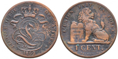 БЕЛЬГИЯ 1 САНТИМ 1869 BELGES KM 33.1 медь 105-918