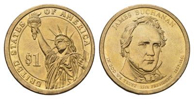США 1 доллар 2010 P, Президент США - Джеймс Бьюкенен (1857-1861) KM 477 медь с марганцево-латунным покрытием UNC 4698-932