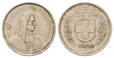 Швейцария 5 франков 1968 B KM 40a.1 медно-никель    4542-944