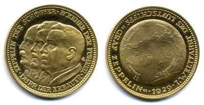 Пруссия медаль 1929 вокруг света на дирижабле, 22,96 гр. золото UNC 00-00