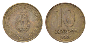 Аргентина 10 сентаво 2009 KM 107a сталь плакированная латунью 4674-853