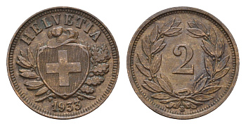 Швейцария 2 раппена 1933 B KM 4.2a бронза 46-936