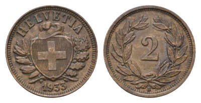 Швейцария 2 раппена 1933 B KM 4.2a бронза 46-936