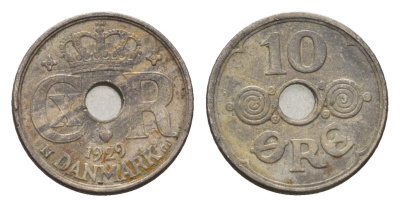 Дания 10 эре 1929 N, Кристиан X (1912-1947) KM 822 медно-никель 4701-933