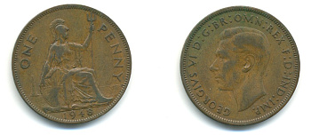 Великобритания 1 пенни 1948 Георг VI (1936-1952) KM 845, Spink 4114 бронза 80-1026