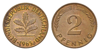 ФРГ 2 пфеннига 1965 F KM 106, J. 381 бронза 211-727