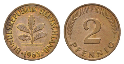ФРГ 2 пфеннига 1965 F KM 106, J. 381 бронза 211-727