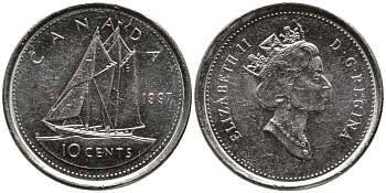 КАНАДА 10 ЦЕНТОВ 1997 ЕЛИЗАВЕТА II (1952-), ПАРУСНИК, ТРЕТИЙ ПОРТРЕТ В КОРОНЕ KM 183 никель 4532-844