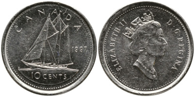 КАНАДА 10 ЦЕНТОВ 1997 ЕЛИЗАВЕТА II (1952-), ПАРУСНИК, ТРЕТИЙ ПОРТРЕТ В КОРОНЕ KM 183 никель 4532-844