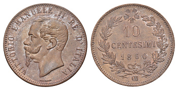 Италия 10 чентезимо 1866 OM, Виктор Эммануил II (1861-1878) KM 11.5 медь aUNC 413-1725