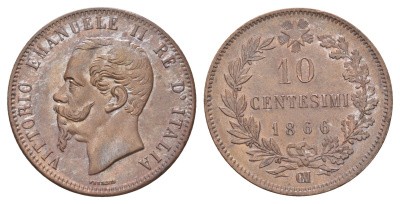 Италия 10 чентезимо 1866 OM, Виктор Эммануил II (1861-1878) KM 11.5 медь aUNC 413-1725