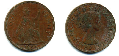 Великобритания 1 пенни 1962 Елизавета II (1952-2022) KM 897, Spink 4157 бронза 57-524