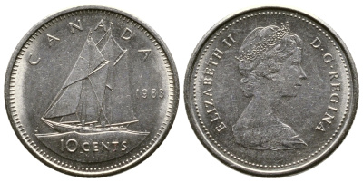 Канада 10 центов 1983 Елизавета II (1953- ), парусник KM 77.2 никель 179-1051