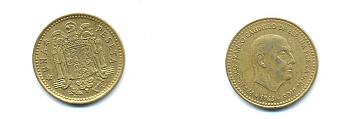 ИСПАНИЯ 1 ПЕСЕТА 1966 (73) ХУАН КАРЛОС I (1975-) KM 796 алюминиевая бронза 54-662