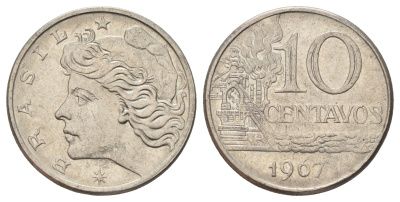 Бразилия 10 сентаво 1967 год-тип KM 578.1 медно-никель 4156-1137