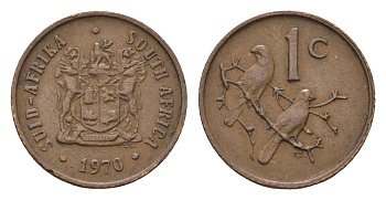 ЮАР 1 цент 1970 герб, капские воробьи KM 82 бронза 4690-1211