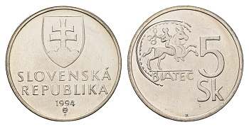 Словакия 5 крон 1994 KM 14 сталь плакированная никелем UNC 4163-812