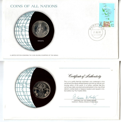 Вануату 20 вату 1983 конверт с маркой первого дня гашения, Coins of Nations KM 7 медно-никель UNC 9-1-01-95