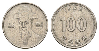 Южная Корея 100 вон 1985 Ли-Сунсин, корейский флотоводец KM 35 медно-никель 4638-1034