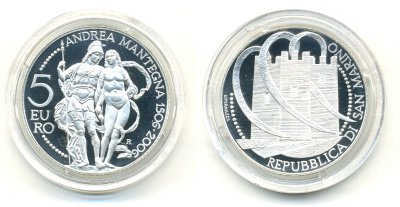 САН-МАРИНО 5 ЕВРО 2006 500 ЛЕТ СО ДНЯ СМЕРТИ АНДРЕА МАНТЕНЬЯ KM 476 серебро PROOF 6-2-23