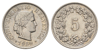 Швейцария 5 раппеноов 1959 B KM 26 медно-никель 4682-129
