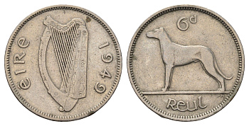 Ирландия 6 пенсов 1949 собака, ирландский волкодав KM 13a медно-никель 4682-552