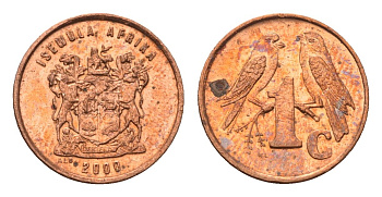 ЮАР 1 цент 2000 герб, капские воробьи KM 170 сталь плакированная медью UNC 4694-141