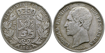 Бельгия 5 франков 1865 Леопольд I (1831-1865) KM 17 серебро 1066-20-63