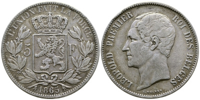 Бельгия 5 франков 1865 Леопольд I (1831-1865) KM 17 серебро 1066-20-63