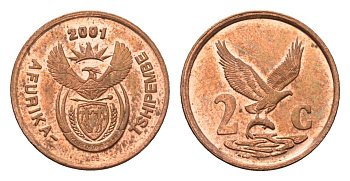 ЮАР 2 цента 2001 KM 222 сталь плакированная медью UNC 4690-1021