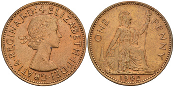 Великобритания 1 пенни 1962 Елизавета II (1952-2022) KM 897, Spink 4157 бронза 4112-745