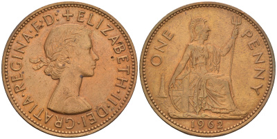 Великобритания 1 пенни 1962 Елизавета II (1952-2022) KM 897, Spink 4157 бронза 4112-745