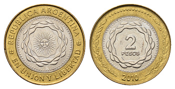 Аргентина 2 песо 2010 KM 165 биметалл UNC 4686-432