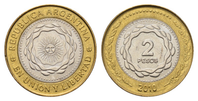 Аргентина 2 песо 2010 KM 165 биметалл UNC 4686-432
