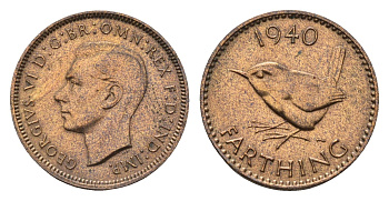 Великобритания 1 фартинг 1940 Георг VI (1936-1952) KM 843, Spink 4116 бронза 4516-366