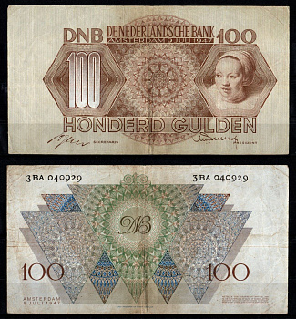 Нидерланды 100 гульденов 1947 Адриентье Холлаер (жена голландского художника Хендрика Сорга; картина Рембрандта, 1647) Pick 82 бумага 451-479-1