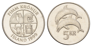 Исландия 5 крон 1999 дельфины KM 28a сталь плакированная никелем UNC 4691-417